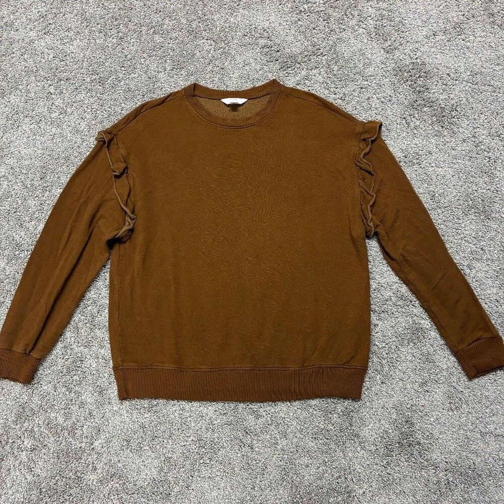 Time and Tru Women’s Small Brown Ruffle Shoulder Sweater Crew Neck Pullover Top